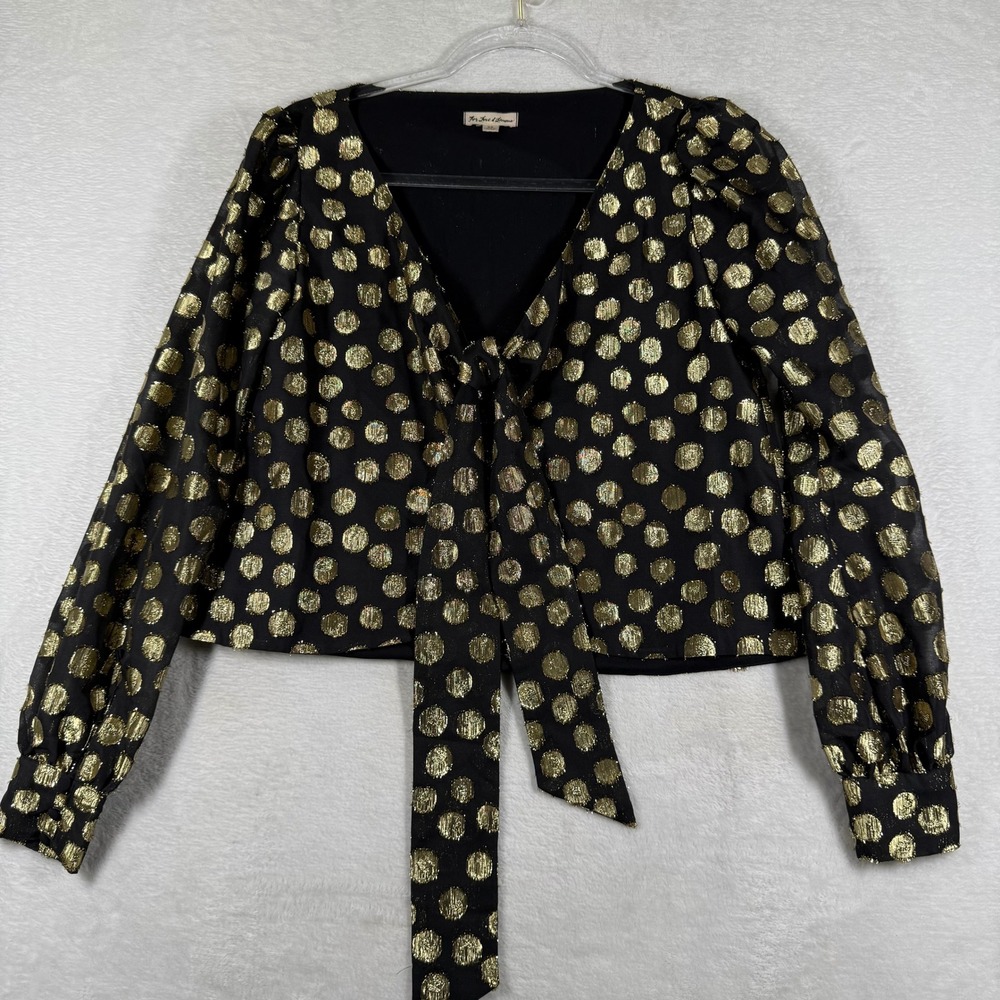 For Love & Lemons Black Gold Metallic Polka Dot Tie Front Crop‎ Top XS
